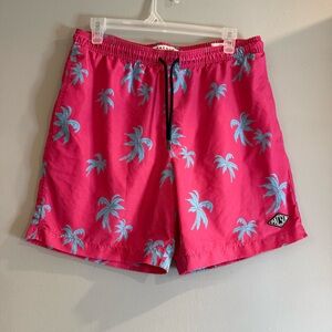PacSun Vibrant Pink Swim Trunks with Blue Palm Design